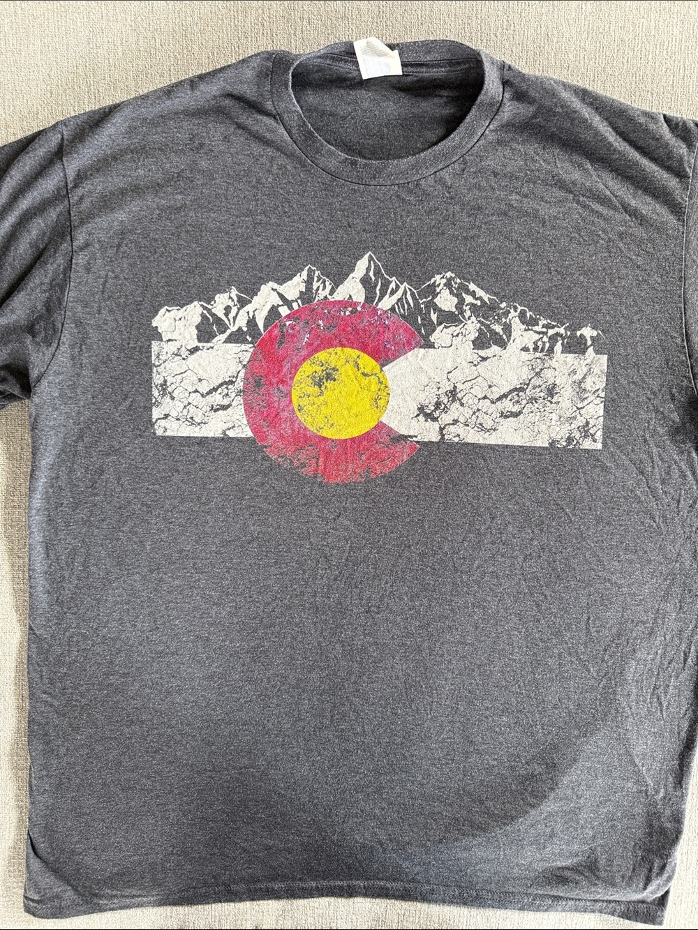 Port and Company Charcoal Tee with Red and Yellow Colorado Graphic
